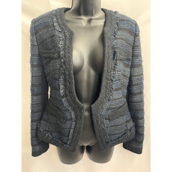 Michaa Tweed Boucle Blazer Jacket Navy Blue Black Classy 70s Sze S Career Office - Picture 1 of 10